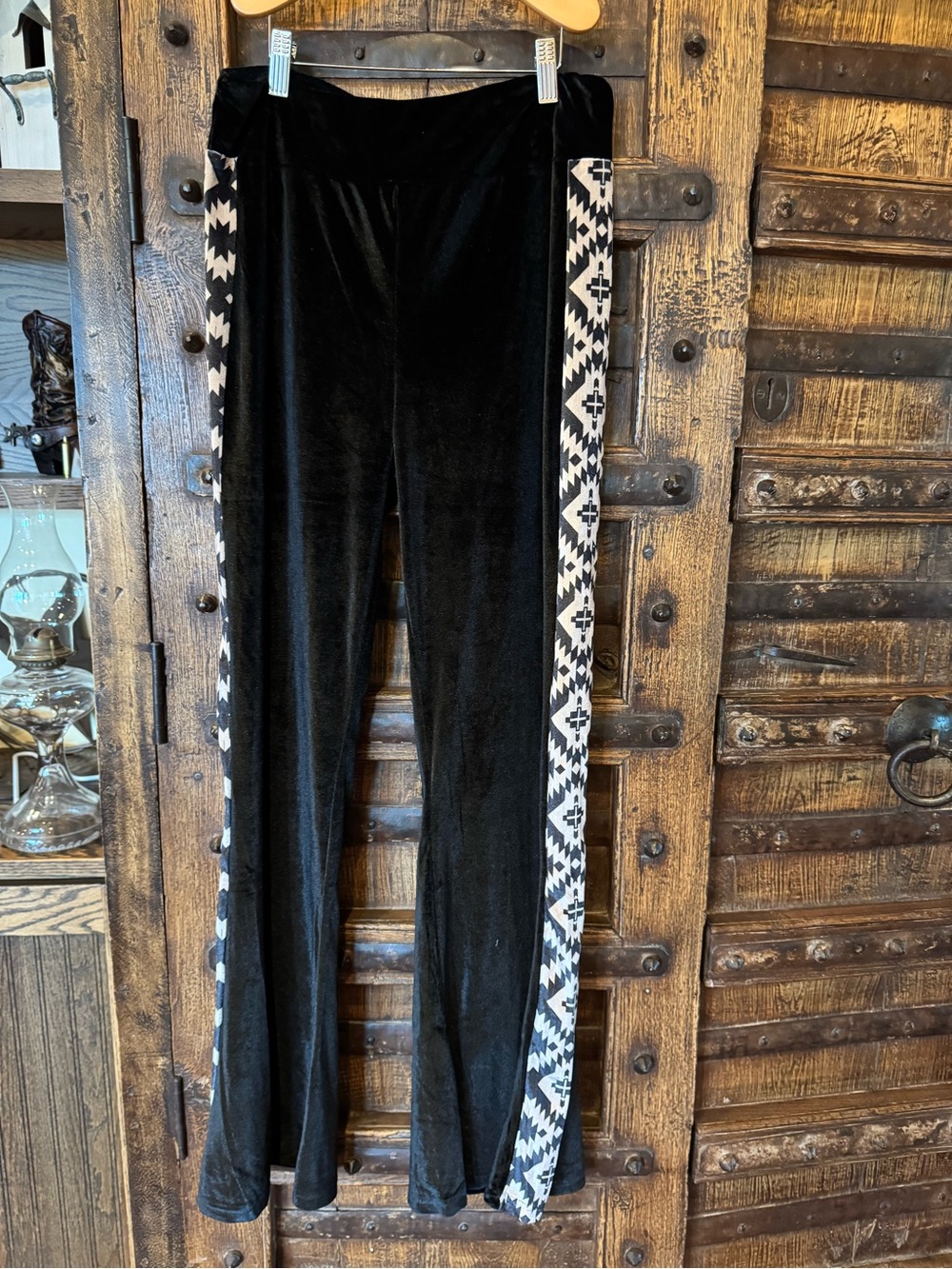 Black Velvet Wide-Leg Pants with Aztec Side Stripe